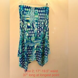 Chico’s Handkerchief Hem Maxi Skirt Blue Green White Sz 2 Large